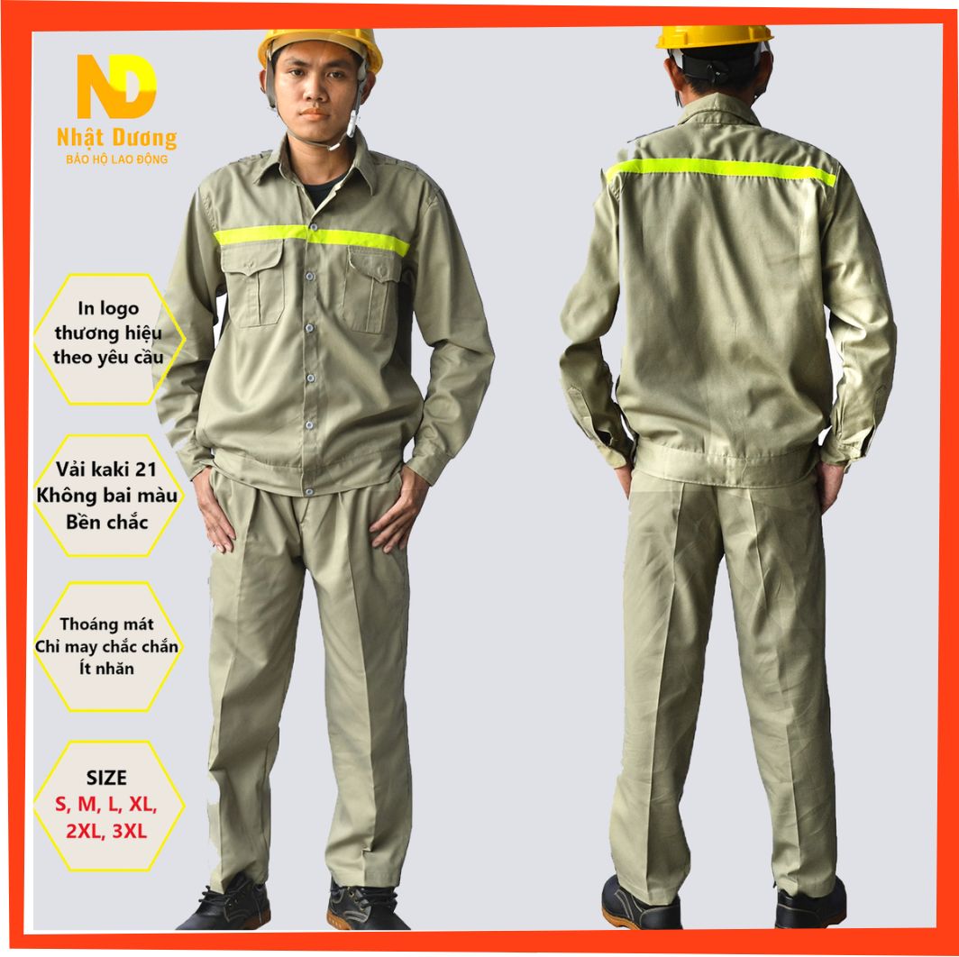 Quần áo bảo hộ lao động nam vải kaki quần lưng nhún thun, Áo phản quang tay dài- DN03