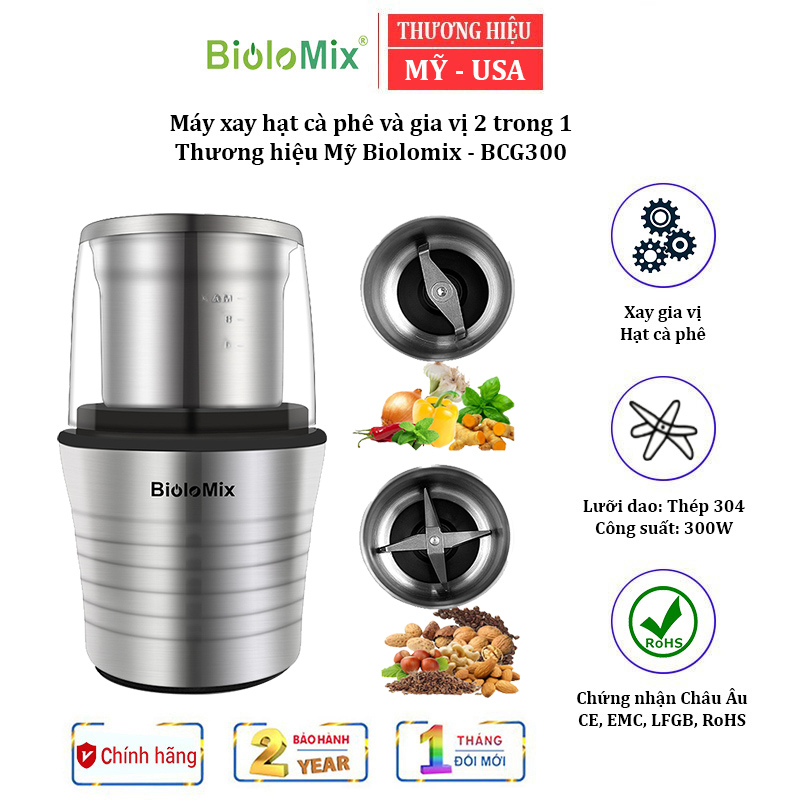 Máy xay hạt cà phê và gia vị 2 trong 1 thương hiệu biolomix bcg300, dạng ấn giữ khi xay, công suất 300w, có vỏ bọc inox ss201 siêu bền - hàng nhập khẩu