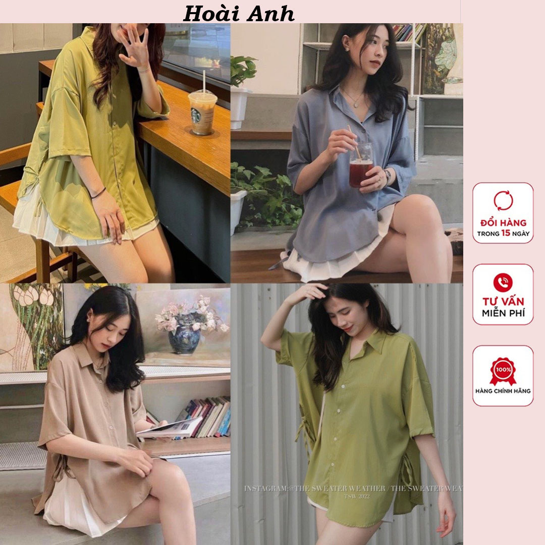 Áo sơ mi lụa thắt nơ eo ngắn tay áo sơ mi trơn nữ vạt bầu cộc tay buộc nơ 2 bên freesize form rộng