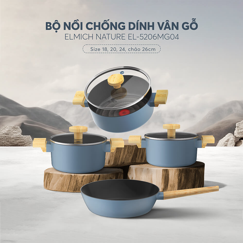 (Duy nhất từ 25-29.09)Bộ nồi chống dính vân gỗ Elmich Nature EL-5206MG04 size 18, 20, 24 chảo 26cm