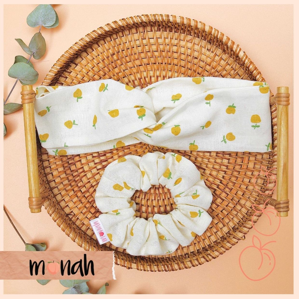 Combo dây buộc tóc, cột tóc scrunchie và turban băng đô nữ linen bột họa tiết quả lê
