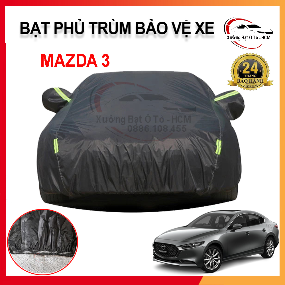 Bạt phủ xe ô tô 3 lớp chất liệu polyester cao cấp cho xe mazda 3, bạc phủ trùm bảo vệ che nắng, chống nóng, che mưa tuyệt đối 100%, bạt của xưởng may theo kích cỡ xe cam kết vừa xe 100% và bảo hành 2 năm