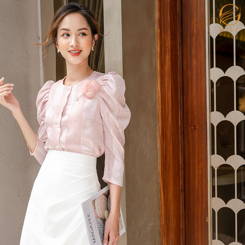 [KHUYẾN MẠI SỐC] Áo sơ mi cổ tròn tay bồng 2 lớp phối sọc OLLY OBA20.008