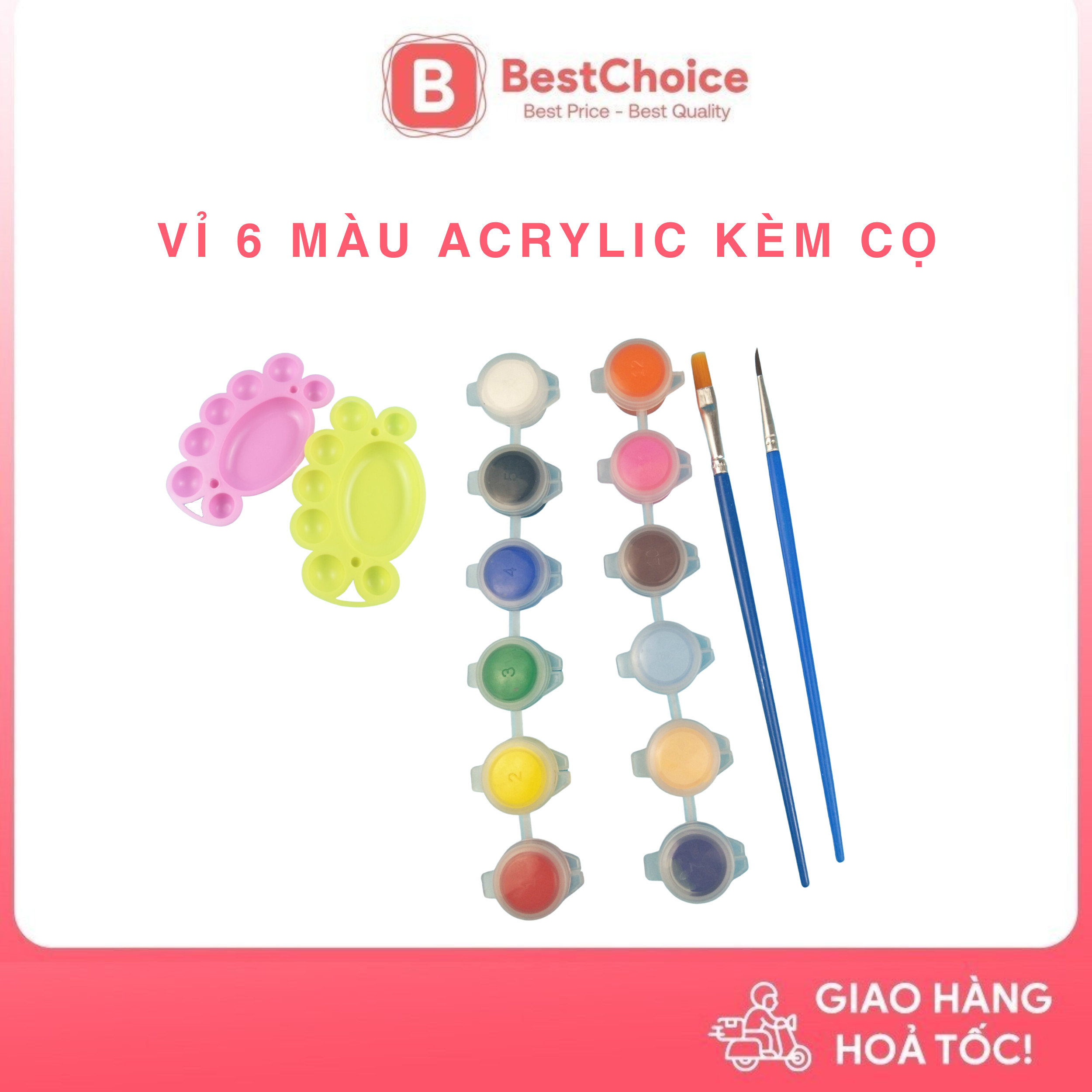 Vỉ 6/12 hộp màu mini acrylic 3ml kèm cọ, màu acrylic vẽ mỹ thuật tô màu