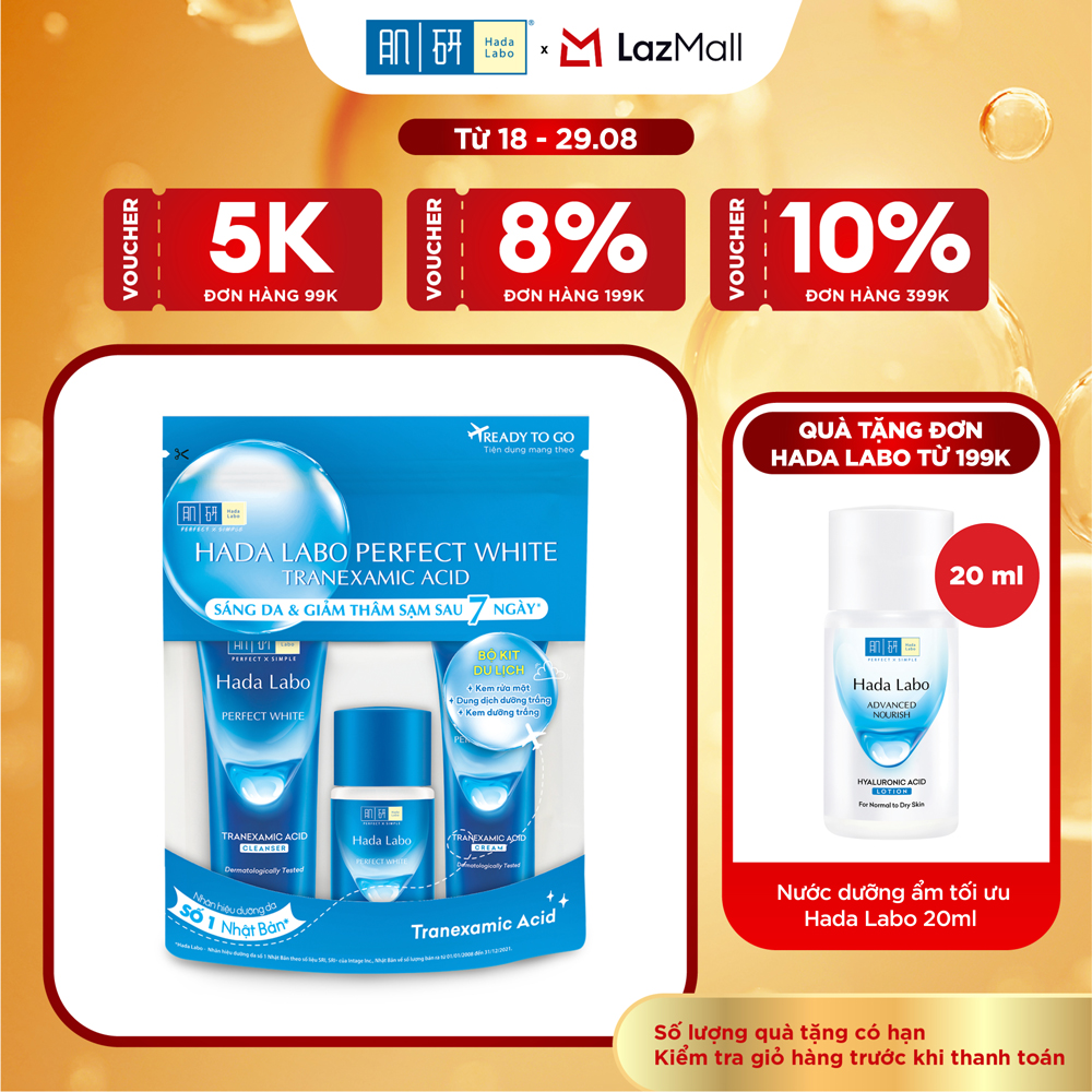 Bộ travel size dưỡng trắng Hada Labo Perfect White Tranexamic Acid Travel Set (Kem rửa mặt 15g+Dung dịch dưỡng 20ml+Kem dưỡng 12g)