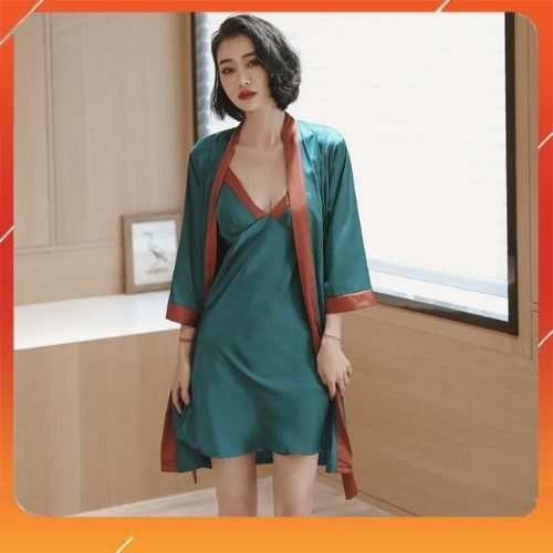 Váy ngủ, đầm ngủ lụa 2 dây mút ngực sẵn kèm choàng – Hàng cao cấp