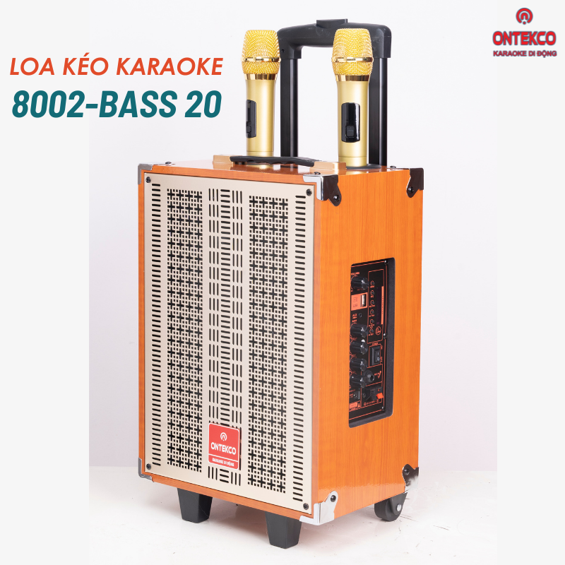 loa kéo gỗ ontekco 8002 kèm 2 micro công suất mở rộng lên đến 300w  bass 20 có chỉnh echo, bass, treble, mic vol, guitar