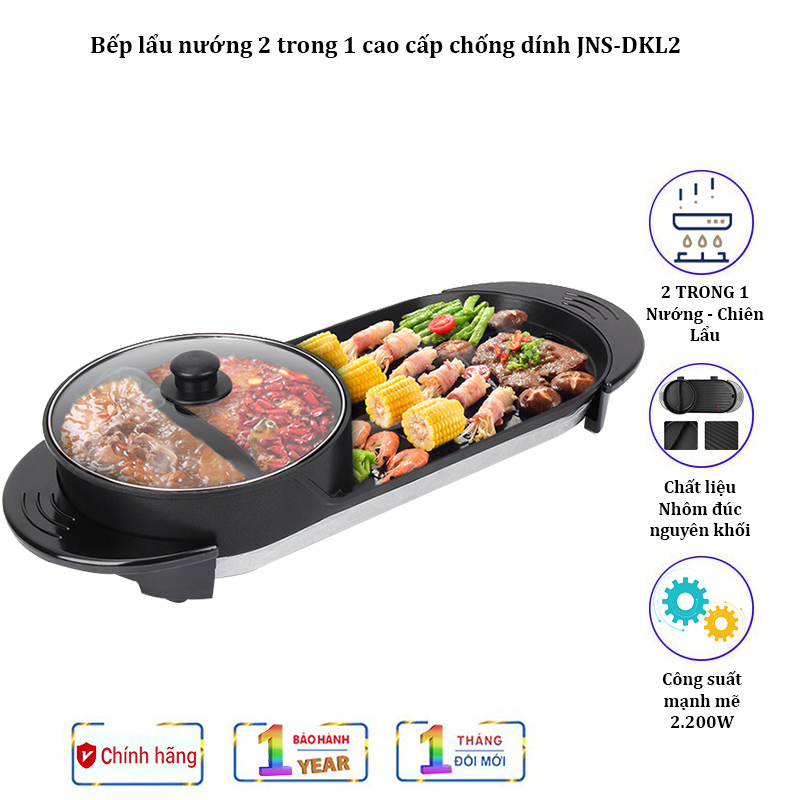 Bếp lẩu nướng đa năng 2 trong 1 chống dính cao cấp jns-dkl2, công suất 2200w - bảo hành 12 tháng