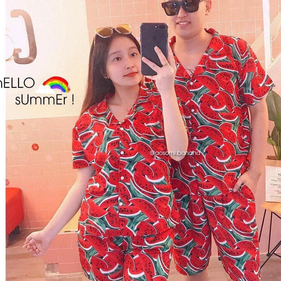 [Nguyen Dung Fashion] ĐỒ BỘ NAM NỮ ĐI BIỂN HOA QUẢ, VẢI KATE THÁI CỰC CHẤT (hình thật)