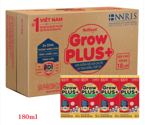 Thùng sữa pha sẵn Nutifood Grow Plus+ đỏ 180ml - Có Đường (48 hộp)