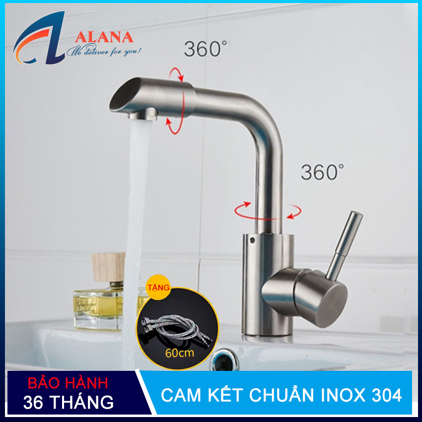 Vòi lavabo nóng lạnh cắm chậu  OS313 inox 304 nguyên khối tặng kèm 02 dây cấp nước nóng lạnh inox dài 60cm- bảo hành 3 năm toàn quốc