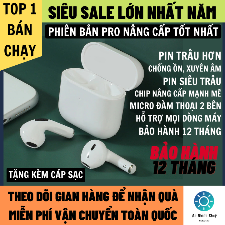 Tai Nghe Bluetooth Pro 4 Bản Nâng Cấp Âm Thanh Đỉnh Cao, Thiết Kế Nhỏ Gọn Pin Trâu Hỗ Trợ Mọi Dòng Máy, Micro Đàm Thoại 2 Bên, Tai nghe bluetooth, tai nghe không dây, tai phone không dây, tai nghe