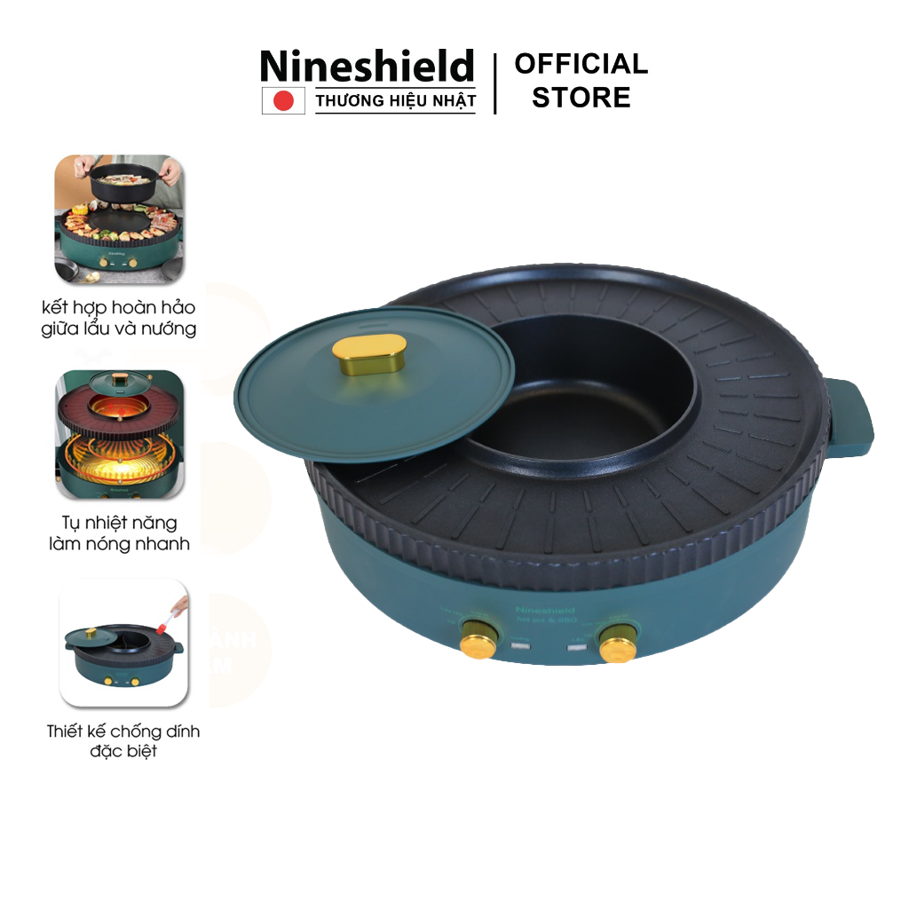 Nồi lẩu nướng đa năng, Bếp lẩu nướng 2 trong 1, chống dính, tiết kiệm thời gian Nineshield chính hãng KB - 518 bảo hành 12 tháng