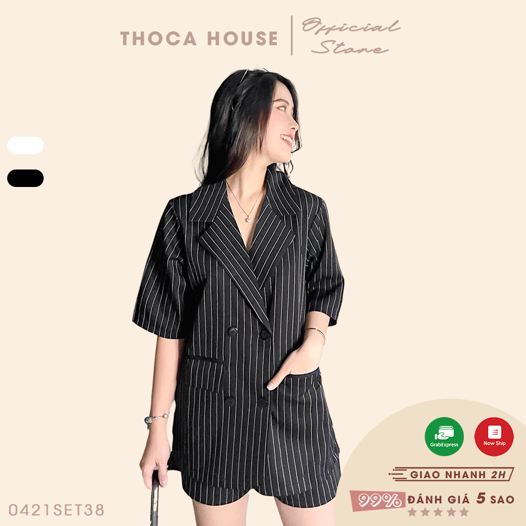 Set áo vest tay lỡ phối quần short túi nấp sọc đen THOCA HOUSE trưởng thành, chuyên nghiệp