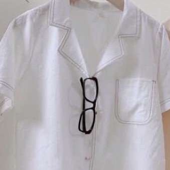 [EVACICI] Áo sơ mi nữ thô đũi viền cổ, áo kiểu nữ cộc tay cổ vest viền chỉ freesize. ( ảnh )