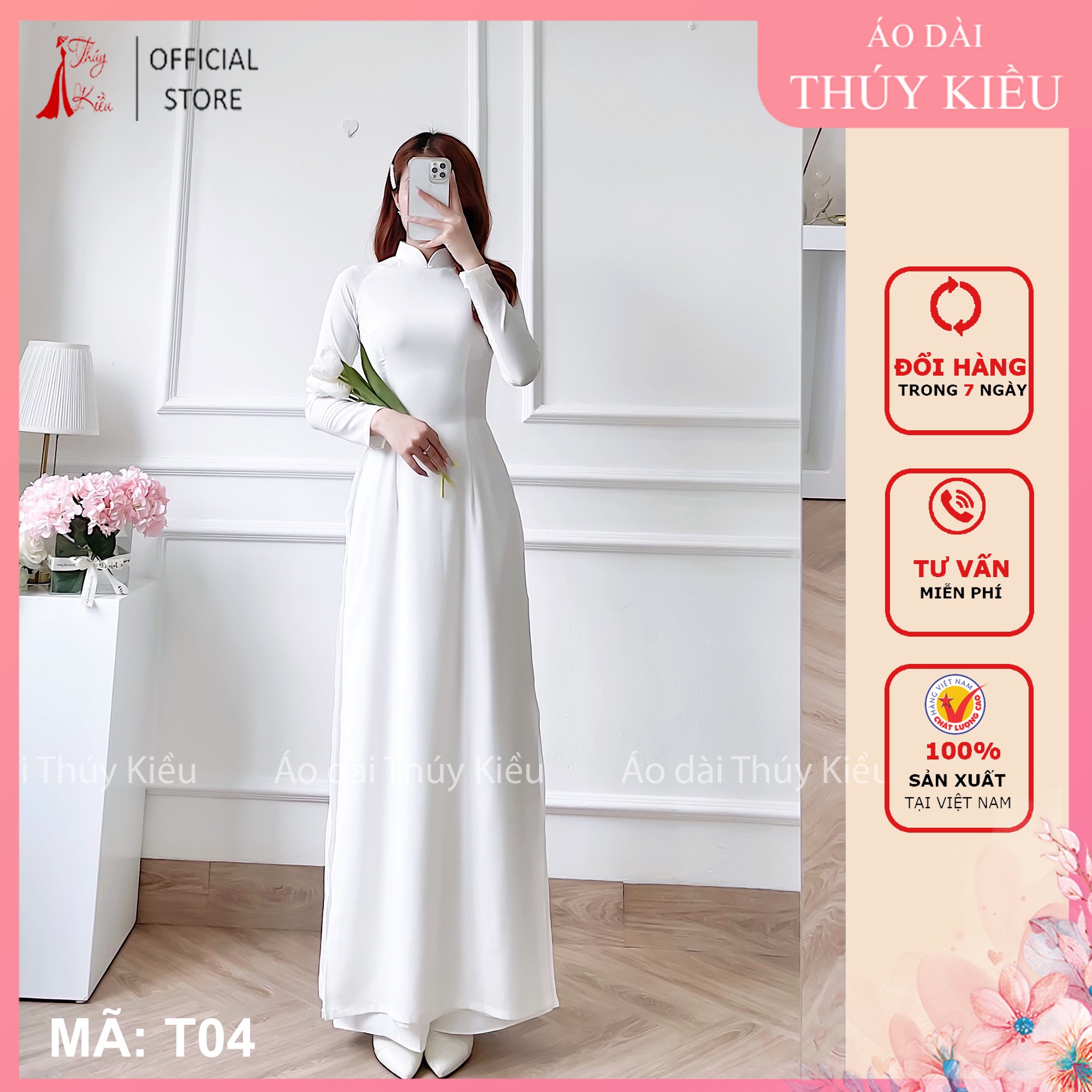 Áo Dài Trắng Học Sinh Cho Nữ Sinh 4 Tà T04 Đi Học May Sẵn Lụa Mỹ Đẹp Cổ Truyền Thống Tay Dài