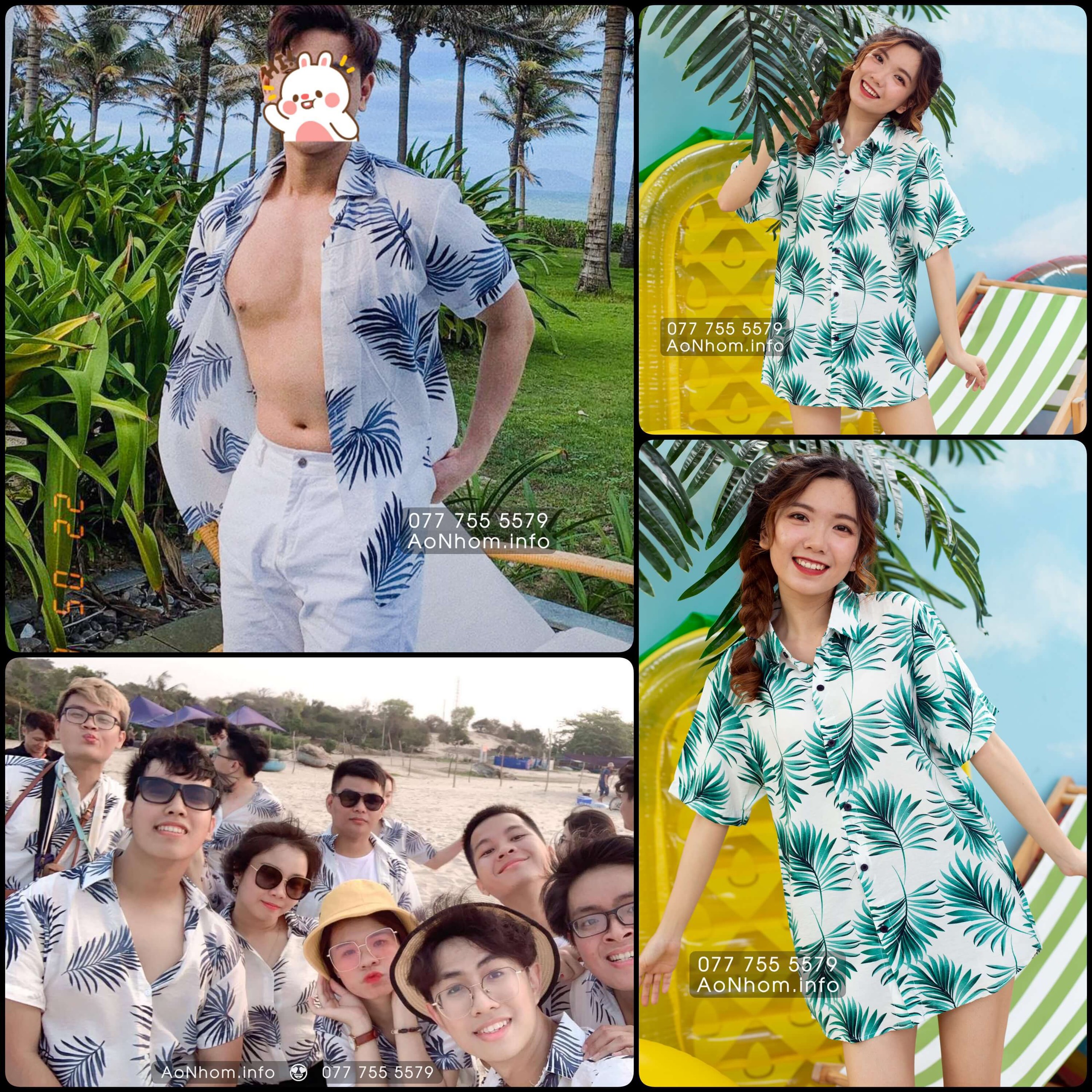 Áo Sơ Mi Hoạ Tiết Đi Biển Cho Nam Nữ, Áo Đi Biển Nhóm Có Bigsize ★ Lá Cây Xám,Xanh, Nền Trắng 🌿