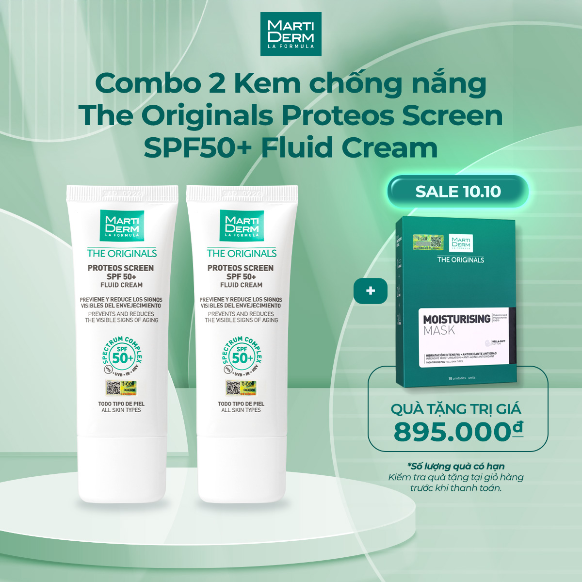 Combo 2 Tuýp Kem Chống Nắng Phổ Rộng Toàn Diện Ngừa Lão Hóa, Phòng Chống Nám Quay Lại - MartiDerm The Originals Proteos Screen SPF50+ Fluid Cream