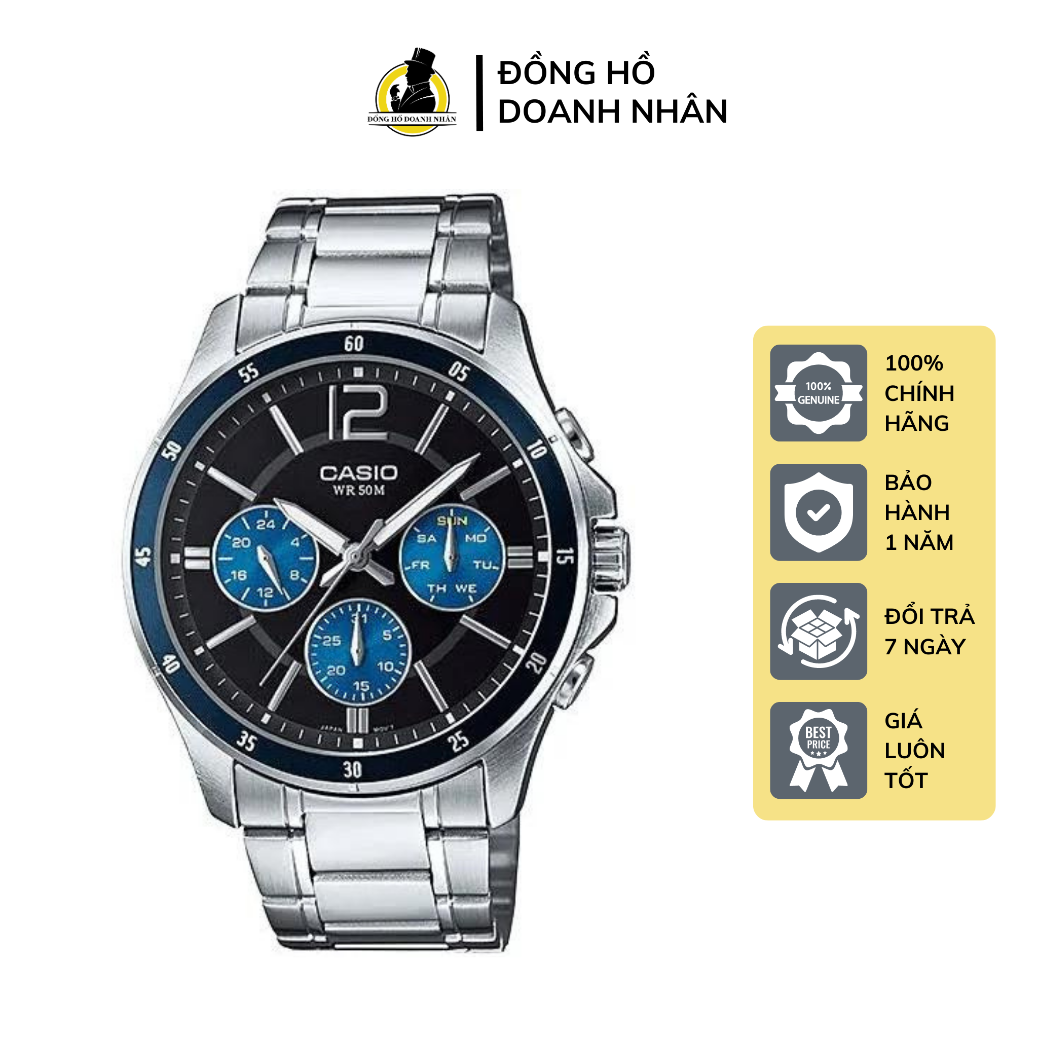 Đồng Hồ Nam Mặt Đen Dây Thép Casio MTP 1374D - 2AVDF Kính Khoáng Size 43mm Bảo Hành 1 Năm Tại Shop Đồng Hồ Doanh Nhân
