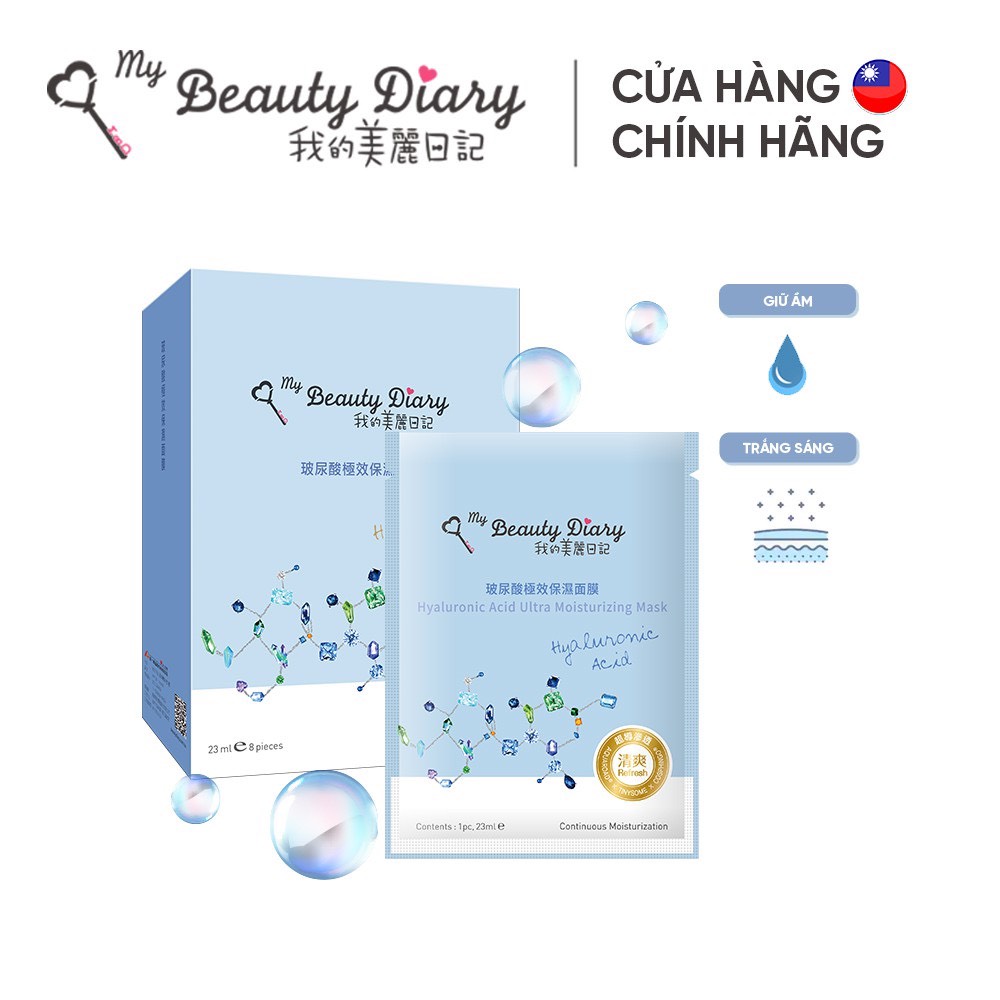 Hộp 8 miếng mặt nạ Cấp nước và dưỡng ẩm My Beauty Diary Taiwan Hyaluronic Acid Moisturizing Mask 23ml/Miếng