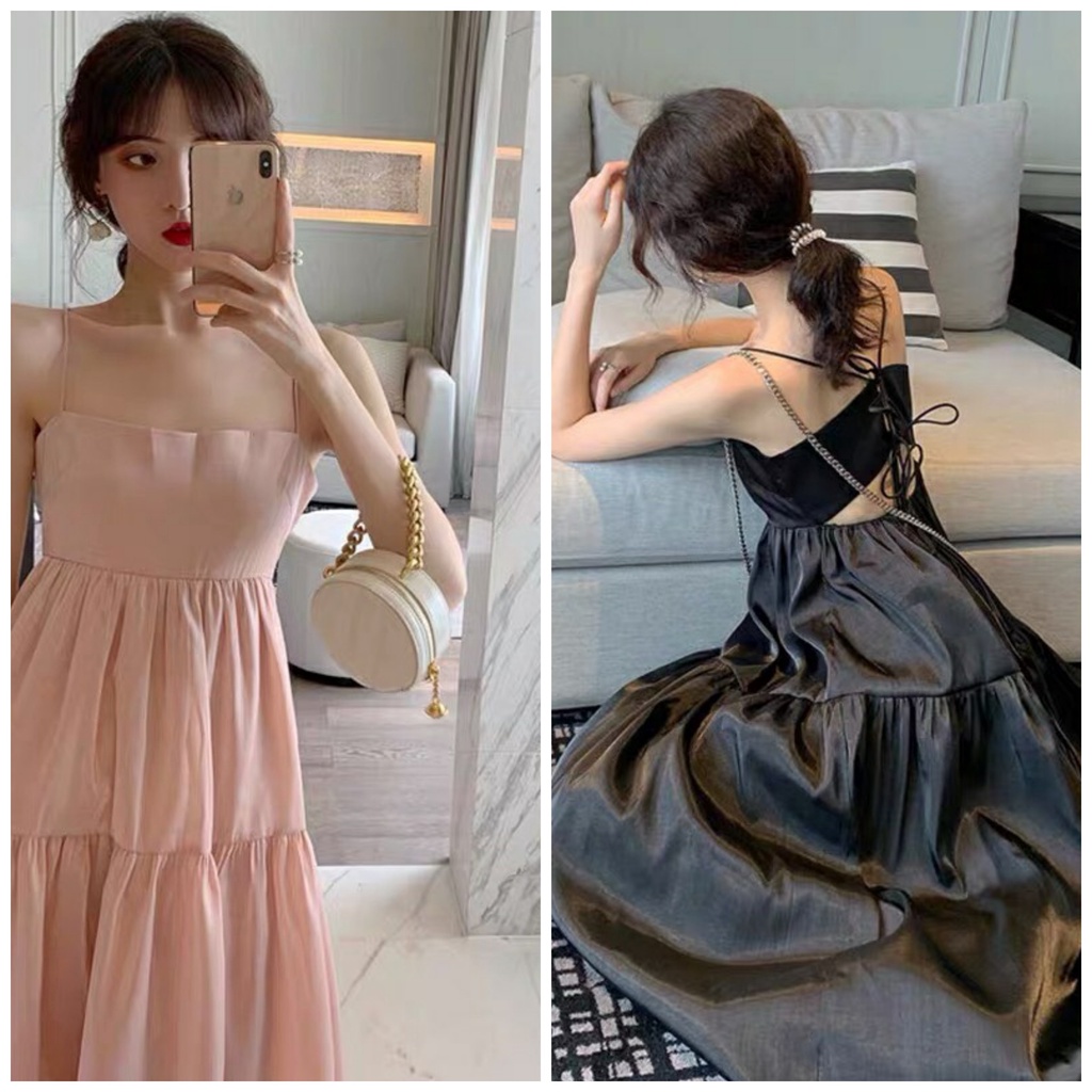 Đầm dự tiệc tơ ánh kim 3 tầng sang trọng có đen và hồng nude DG 4259