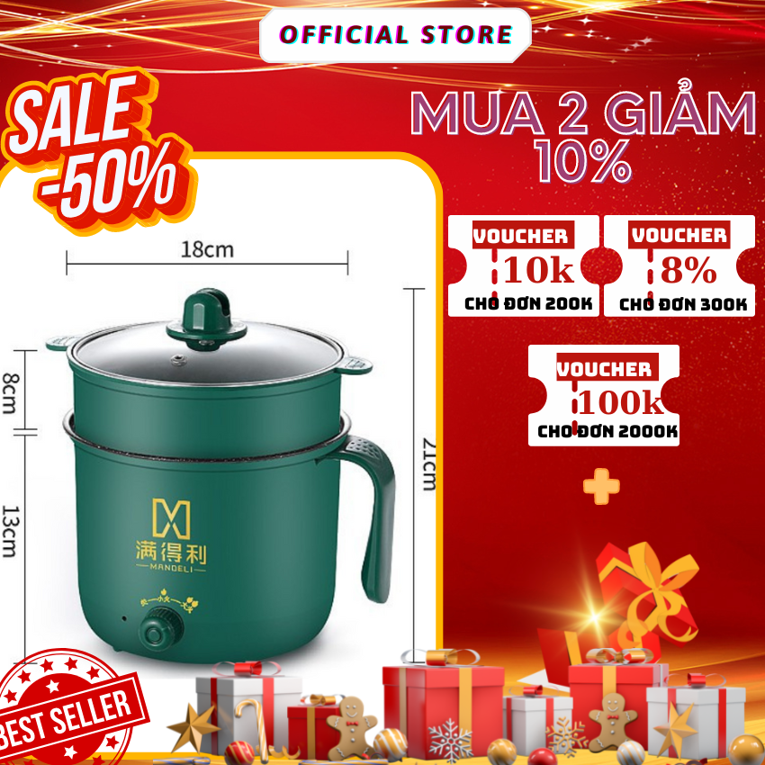 Nồi điện đa năng cao cấp, nồi lẩu điện mini nồi cơm điện mini đa năng, ca nấu mì chống dính 1.8l , ca mì xanh 2 nấc nhiệt có khay hấp, nồi mì xanh 2 tầng, nồi lẩu mini 2 tầng |bcstore168