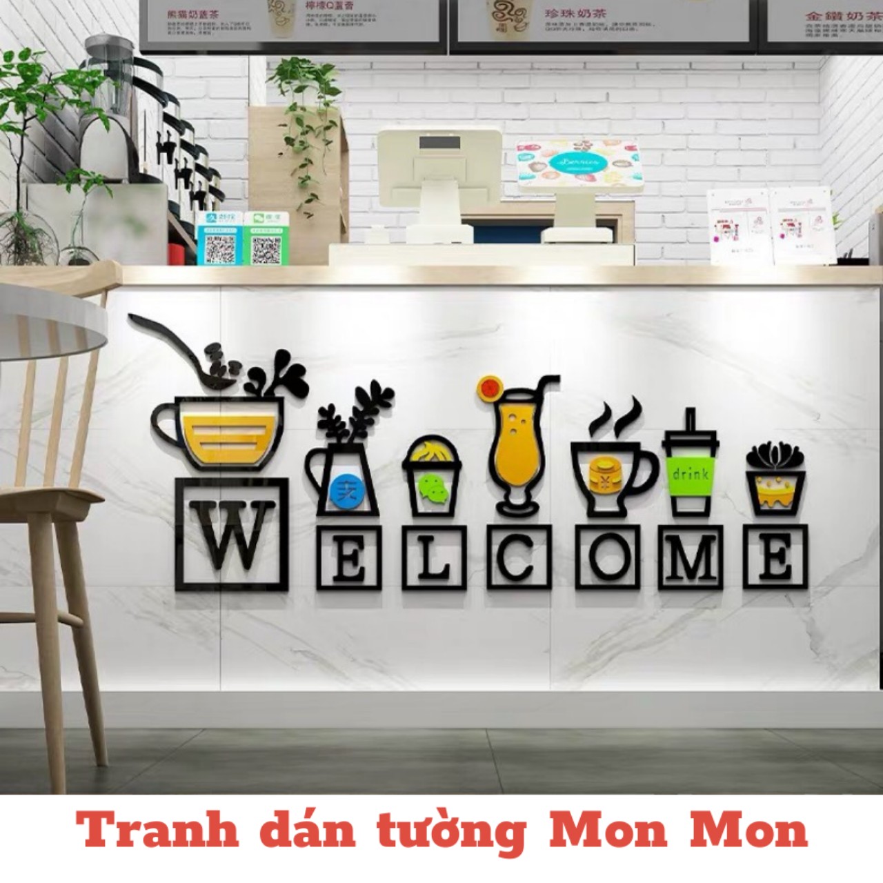 Tranh dán tường Mon Mon - Decal dán tường mica 3D dán nổi welcome, hình ly sinh tố, trang trí quán cafe, đồ uống