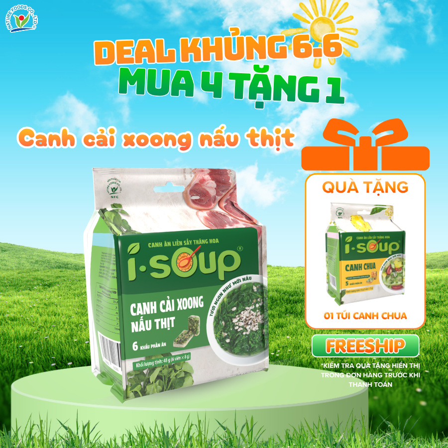 Canh cải xoong nấu thịt ăn liền I.Soup 42g (túi 06 viên)- Viên Súp Sấy Thăng Hoa công nghệ Nhật