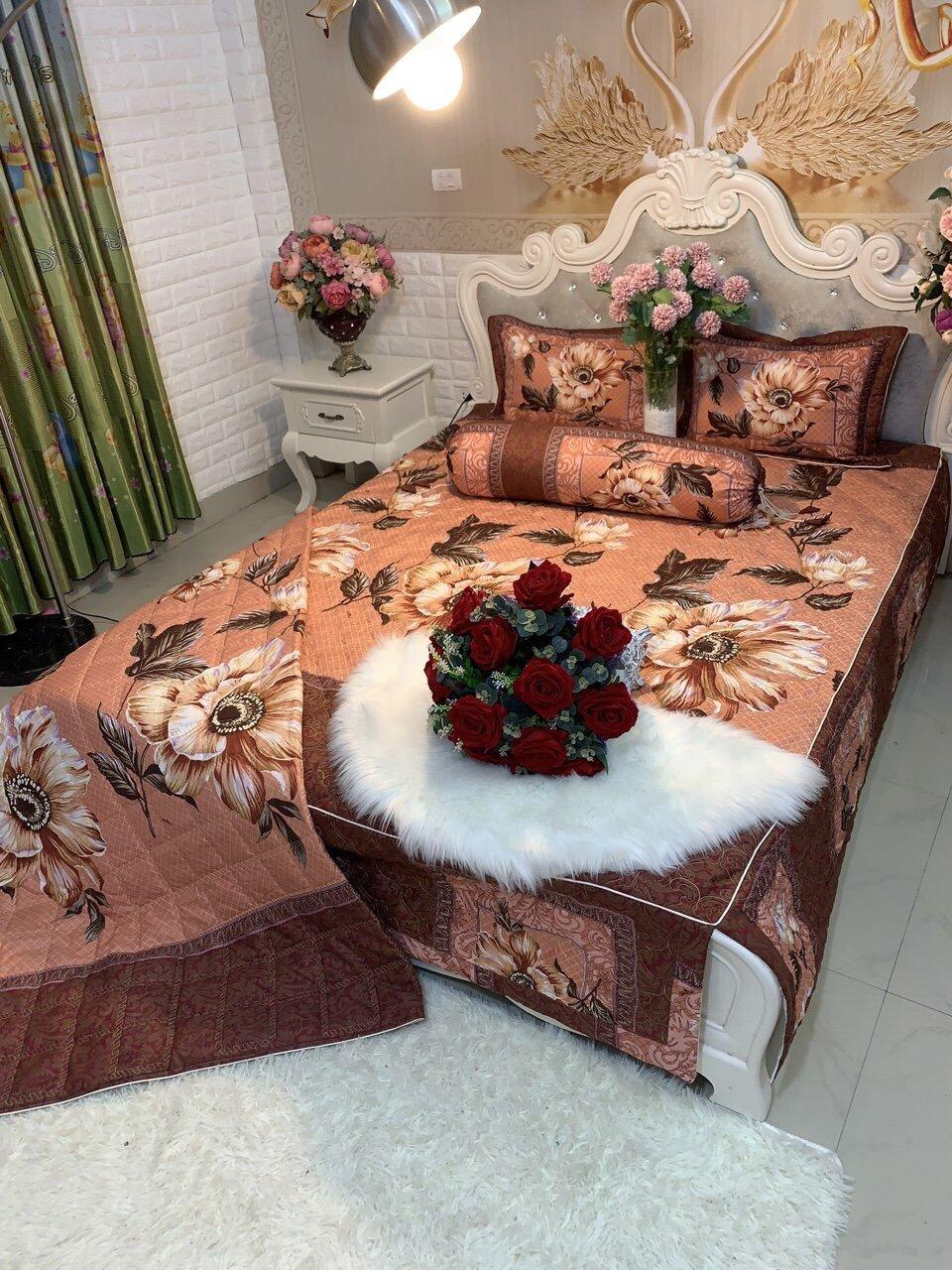 Trọn bộ 5 món chăn ga gối phủ chần bông mẫu hồng trà nâu