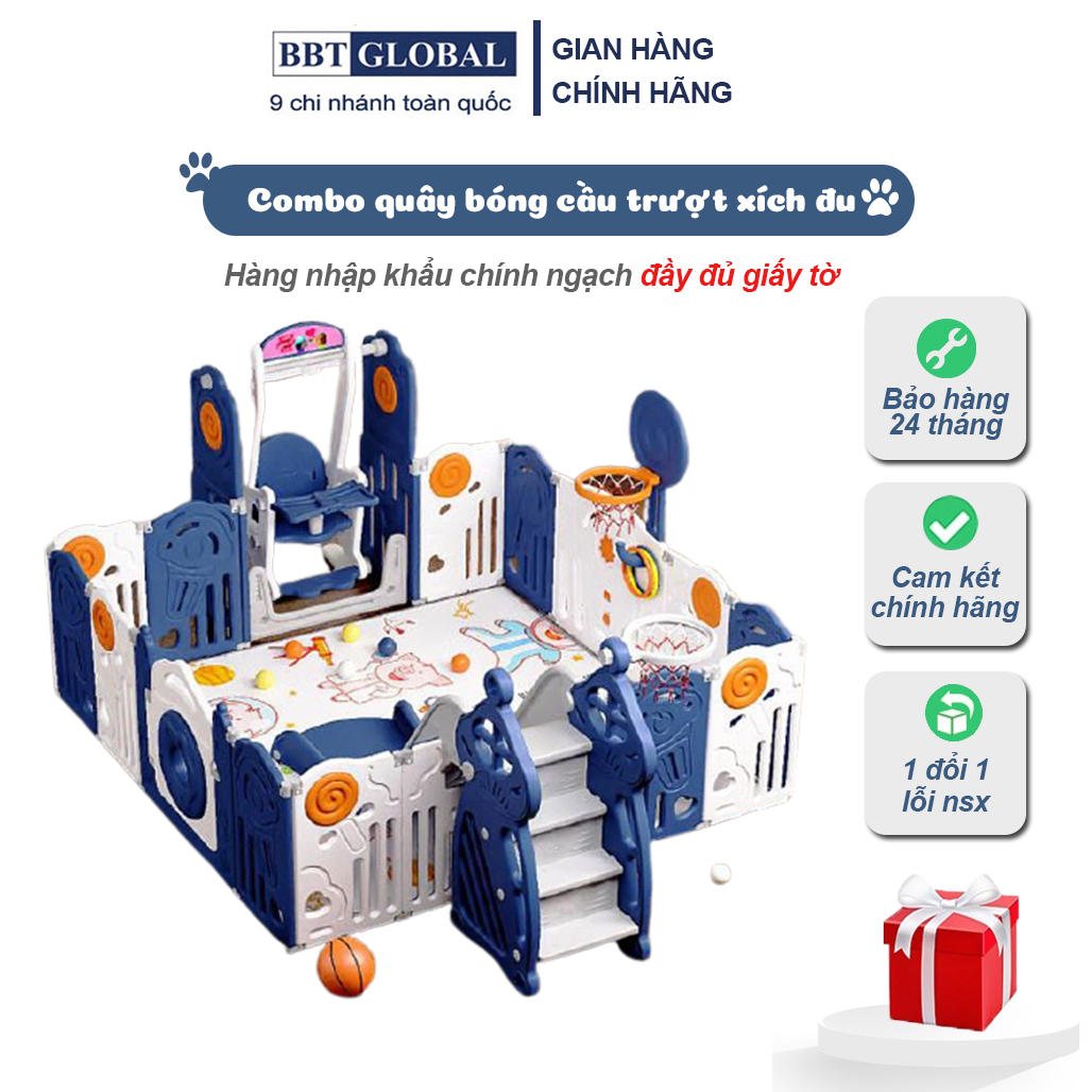 [Mua 1 tặng 3] COMBO Quây bóng cầu trượt xích đu gấp gọn hình kẹo kèm ném bóng rổ và ném vòng cho bé BSL307 BBT Global - Tặng thảm 2 mặt cao cấp, 50 bóng và túi lưới đựng bóng