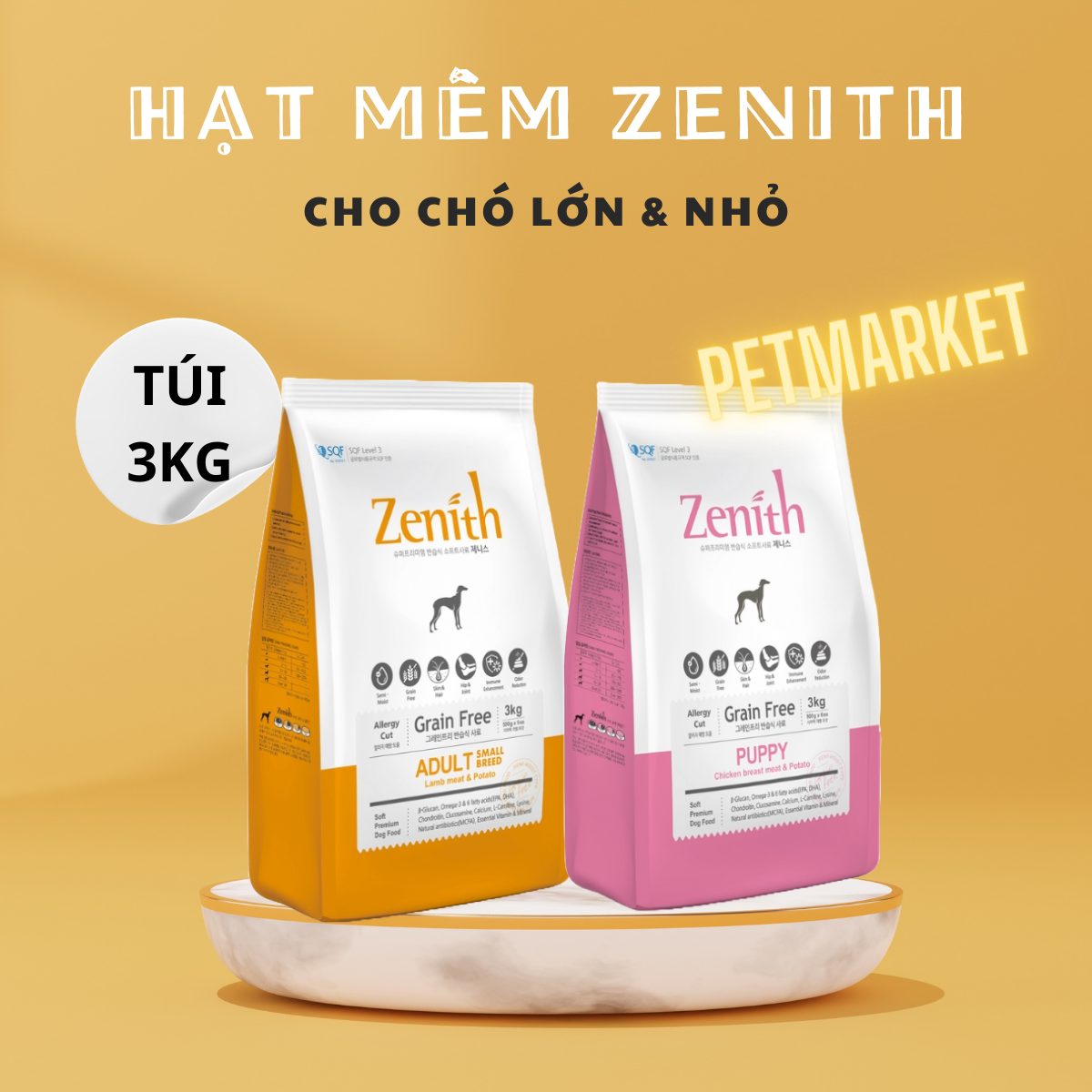 Túi 3kg hạt mềm zenith thức ăn cho chó đủ mọi lứa tuổi và giống chó, nk hàn quốc