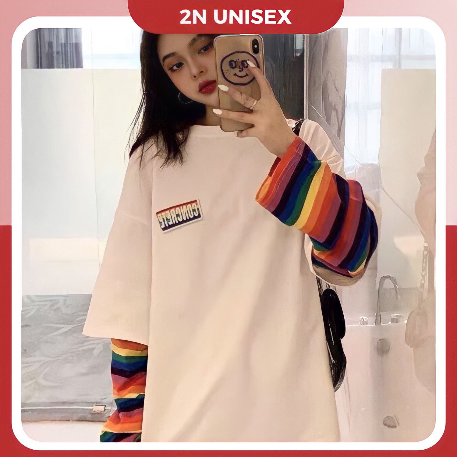 Áo thun tay dài nam nữ form rộng 2N Unisex phông cotton phối tay cầu vồng màu trắng/đen