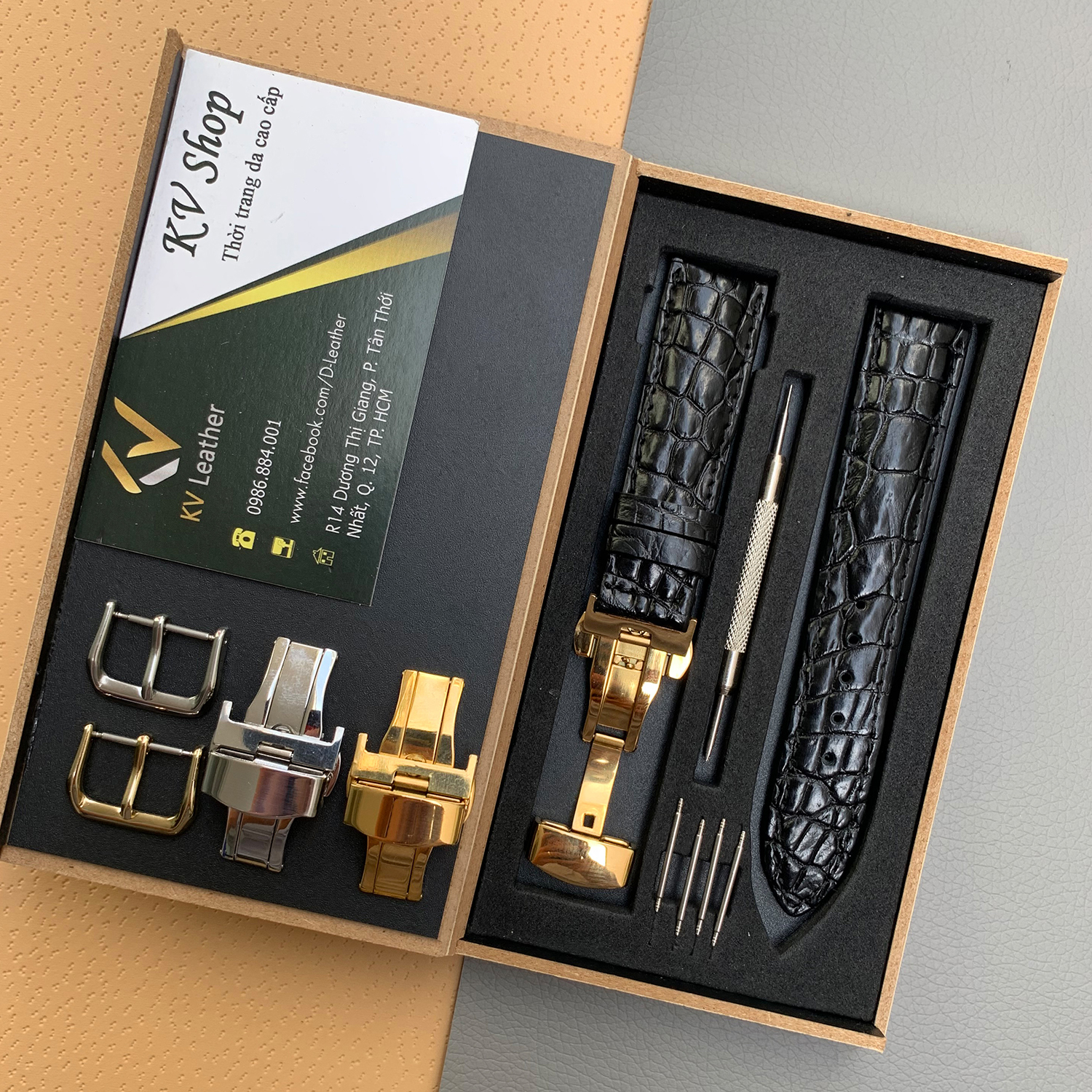 [KVDĐH-36]-Dây Đồng Hồ DA CÁ SẤU Vân Hạt (Da Thật 100%), Màu Đen/Nâu, Bộ sản phẩm gồm: Dây Da, Hộp gỗ, Tool Tháo Lắp, Khóa và Chốt