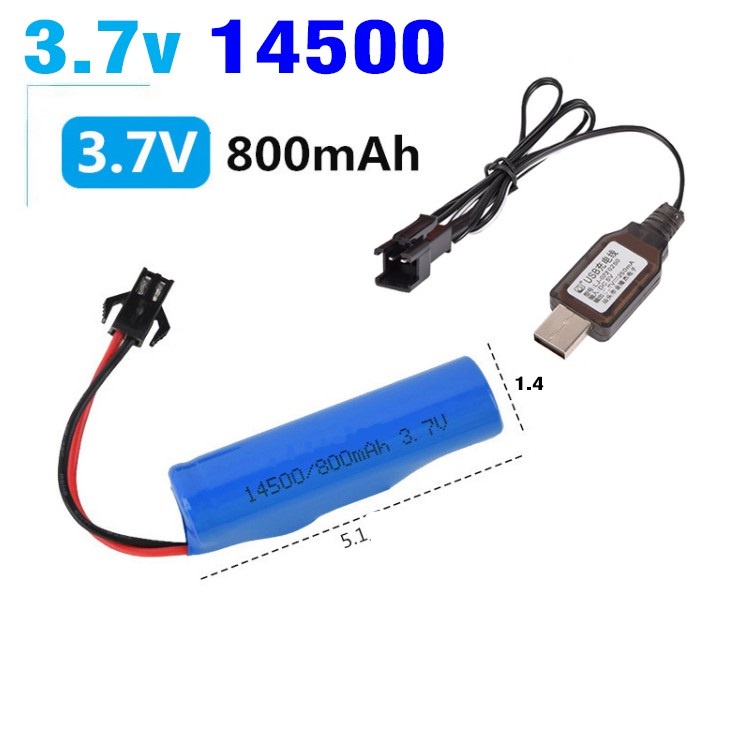 Pin sạc lion và dây sạc jst SM-2P 14500 3.7v 800/1500mah cho đồ chơi xe điều khiển từ xa pin sạc dự phòng loại tròn hình trụ