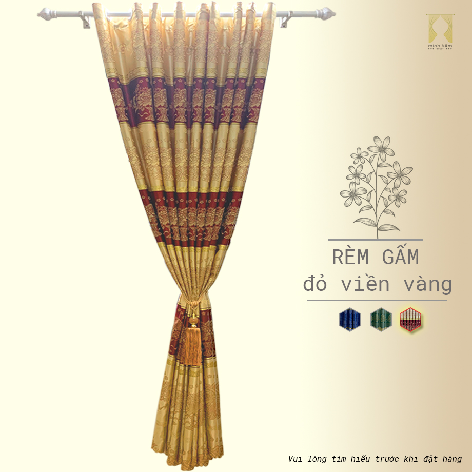 Rèm cửa Minh Tâm chống nắng vải gấm - Đỏ viền vàng