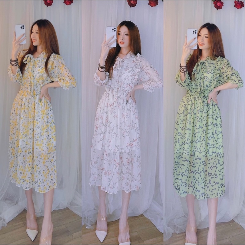 Đầm tiểu thư hoa nhí cột nơ bo eo đi chơi đi dạo mặc tết hình thật mẫu mặc