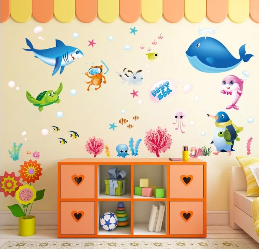 Decal dán tường thế giới cá ngộ nghĩnh cho bé Sticker Tranh Dán Tường XL7225- Decal dán tường con vật -Decal dán tường hình thú