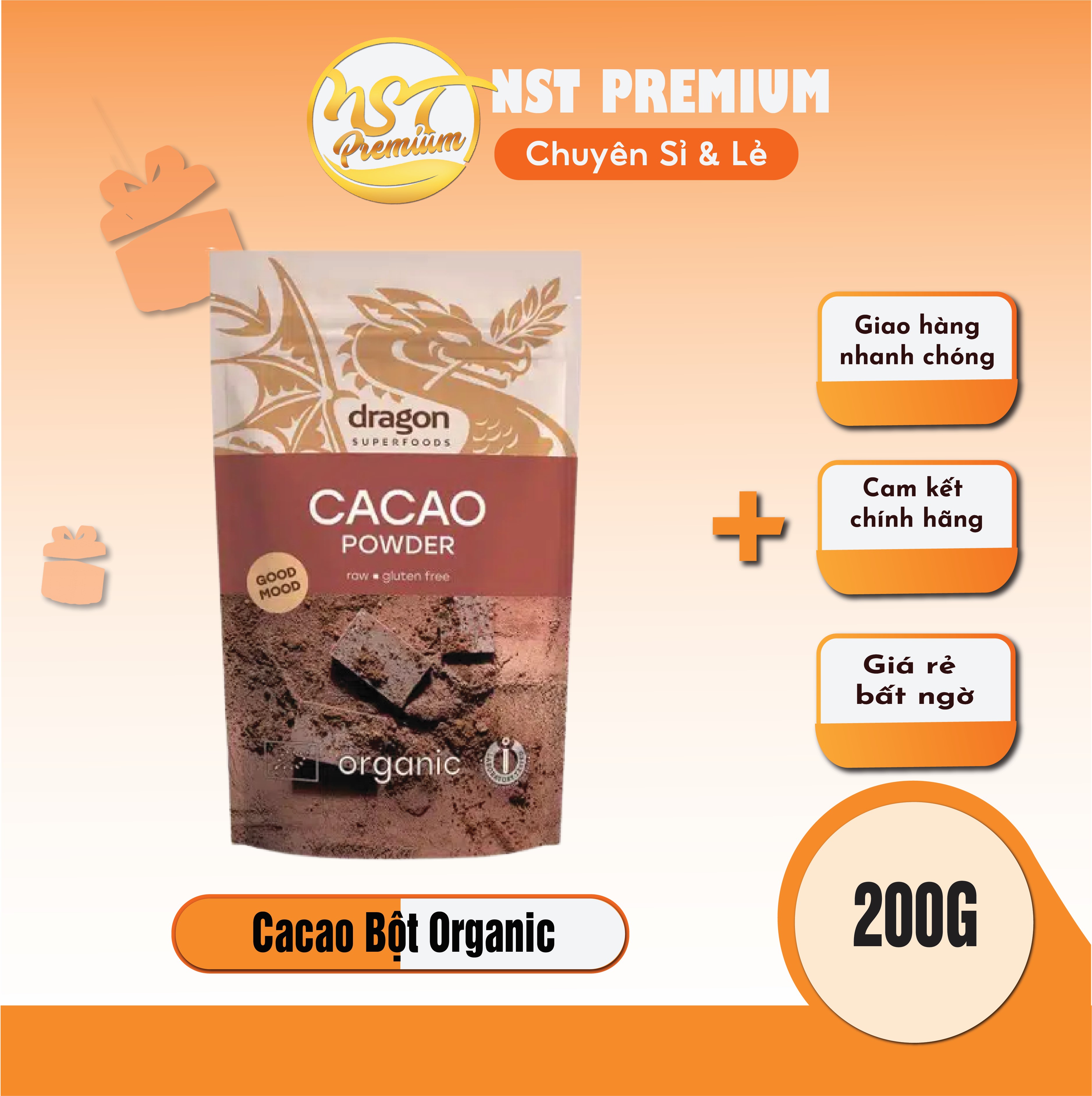 Bột cacao nguyên chất hữu cơ Dragon superfoods 200gr Cacao Powder Dragon