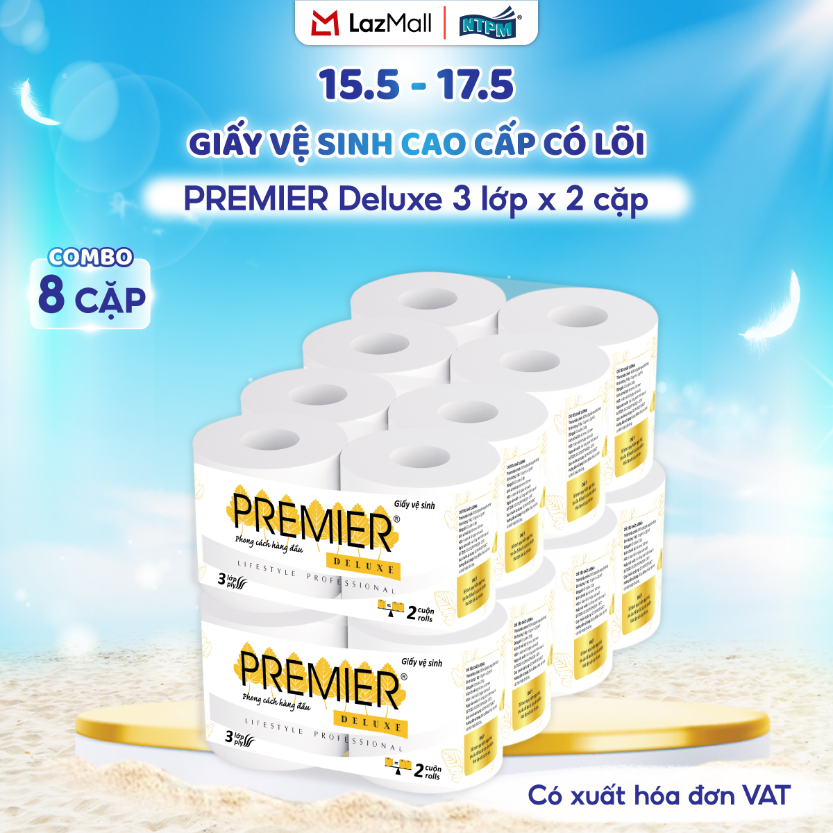 [COMBO 8 CẶP - 16 CUỘN] Giấy vệ sinh cao cấp PREMIER Deluxe có lõi, 3 lớp - 100% bột giấy nguyên sinh, không chất tẩy, 2 cuộn/cặp – Chính hãng