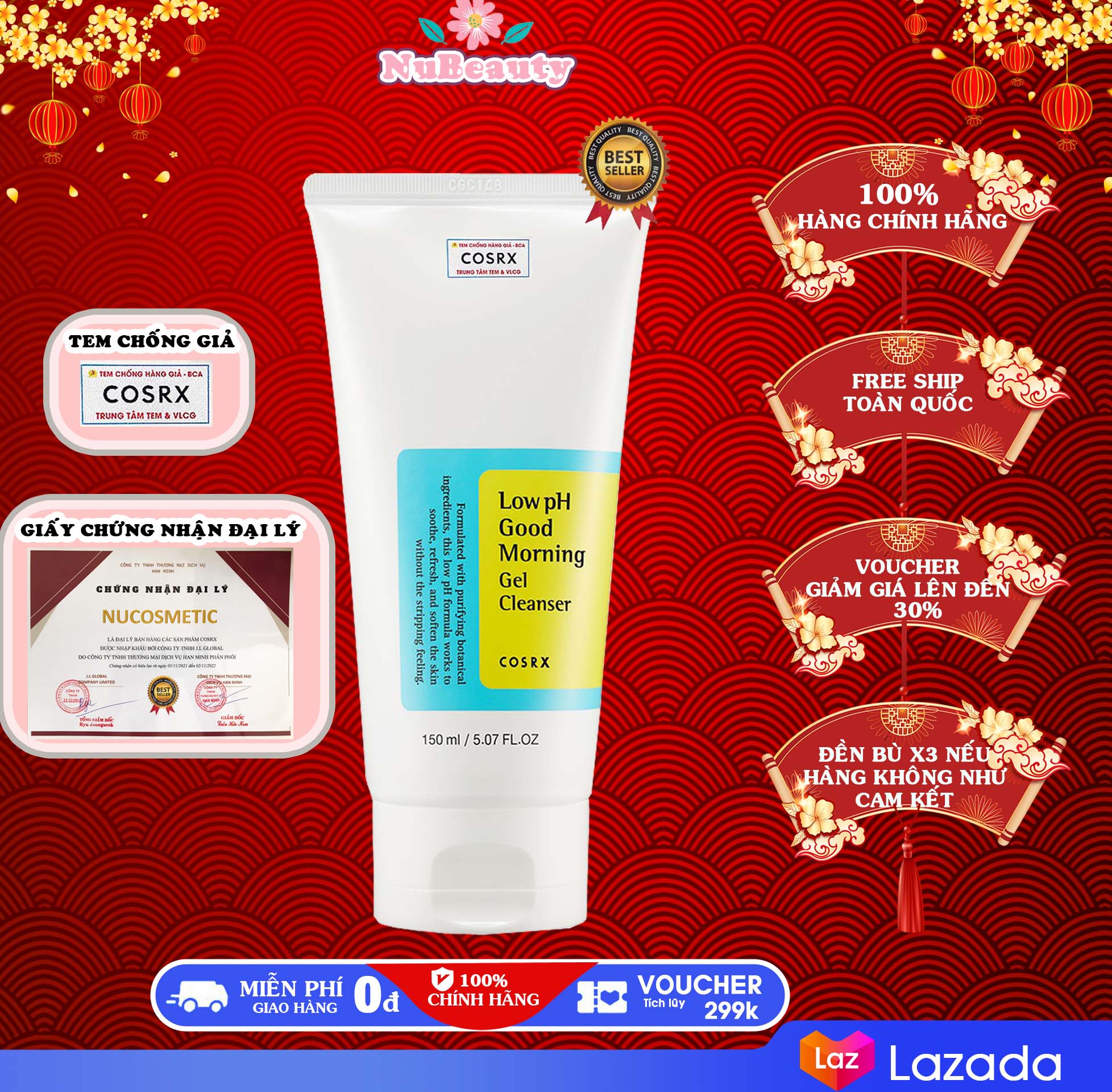 HOÀN TIỀN 15% -  Sữa Rửa Mặt Cosrx Low pH Good Morning Gel Cleanser 150ml Và Gel Sửa rửa mặt Cosrx Low pH Good Morning Gel Cleanser 50ml srm cho da dầu mụn