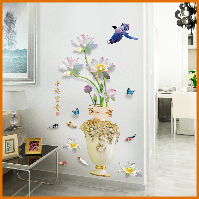 Decal dán tường bình hoa sen trắng 3D SK 9373
