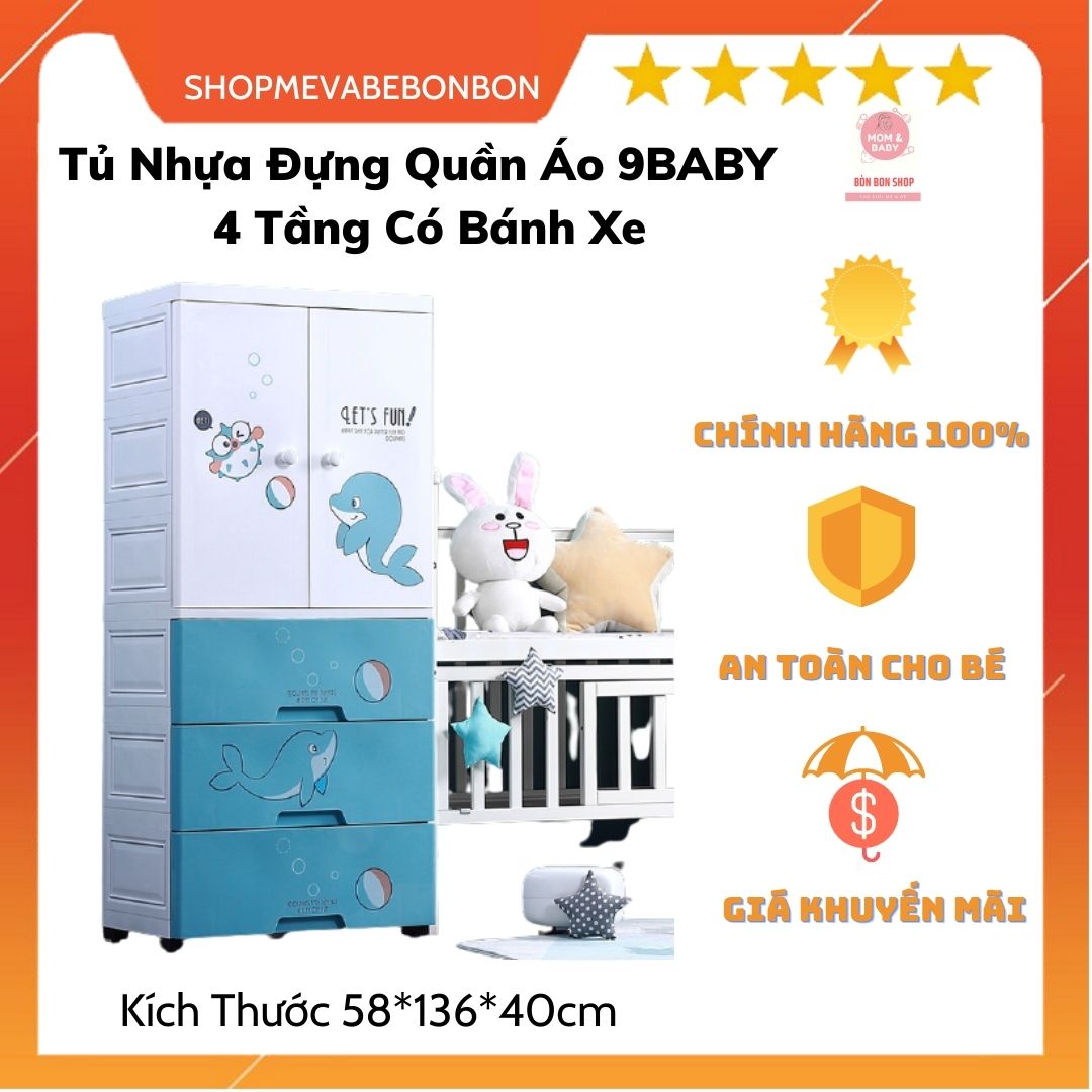 Tủ Nhựa Đựng Quần Áo 9BABY Cao Cấp 4 Tầng Có Bánh Xe Mẫu Cá Heo, Xanh, Hồng