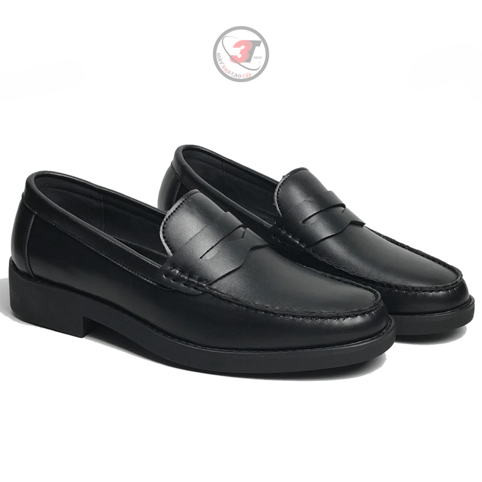 Giày penny loafer black nam , da mềm , đế cao su nguyên khối, có khâu đế , tăng chiều cao 3.5 cm