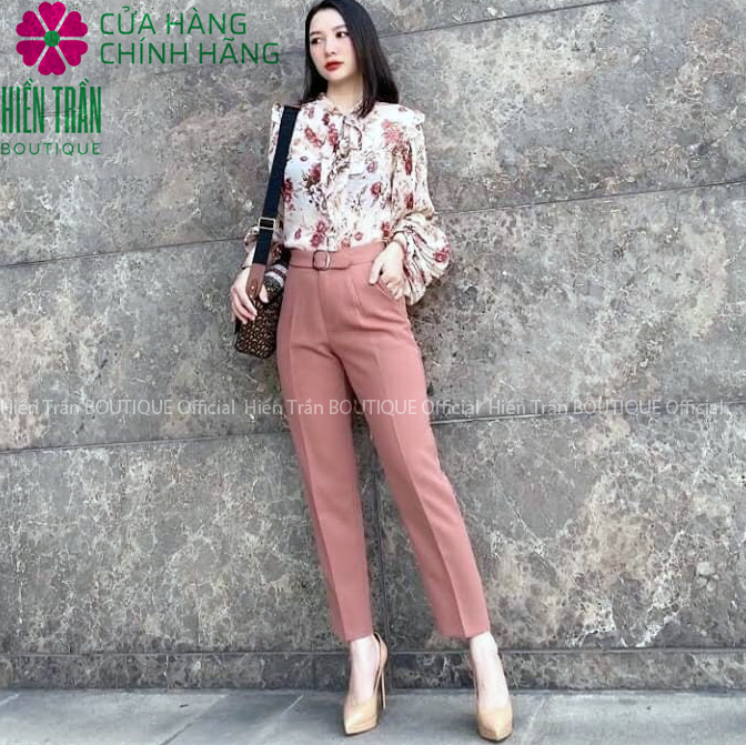 Quần tây nữ Hiền Trần BOUTIQUE đai vuông màu NÂU ĐỎ chất vải cao cấp, form chuẩn, tôn dáng