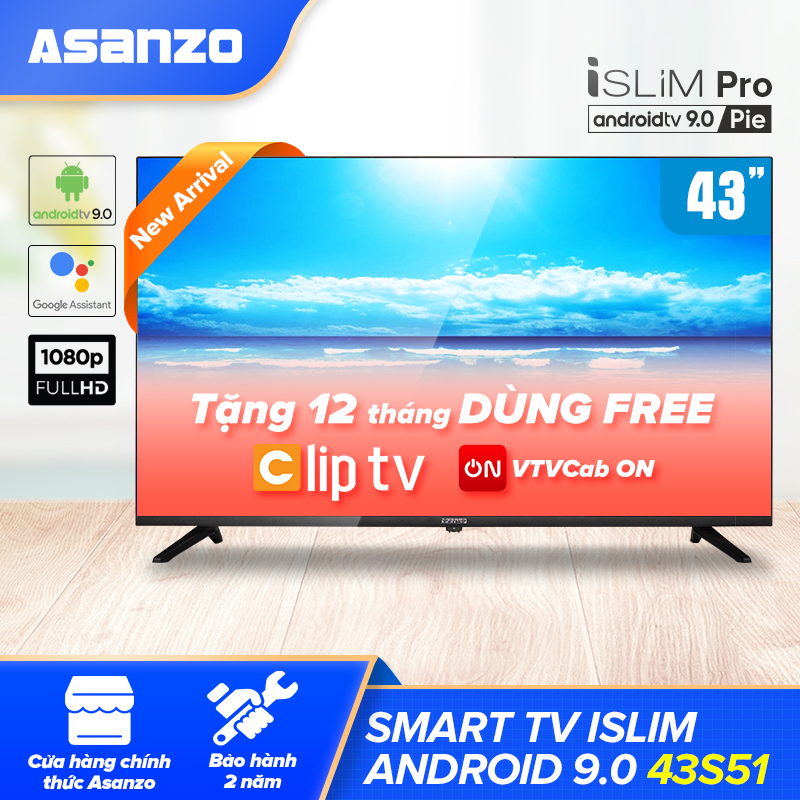 [Trả góp 0%]Smart Tivi iSLIM PRO 43 inch Kết Nối Internet Full HD Asanzo 43S51 (Android 9.0 Pie Bản Quyền - 2020) [Tìm Kiếm Giọng Nói Chromecast Bluetooth Miễn Phí 2 Tháng VTVcab ON VIP Miễn Phí 12 Tháng ClipTV] Bảo Hàn