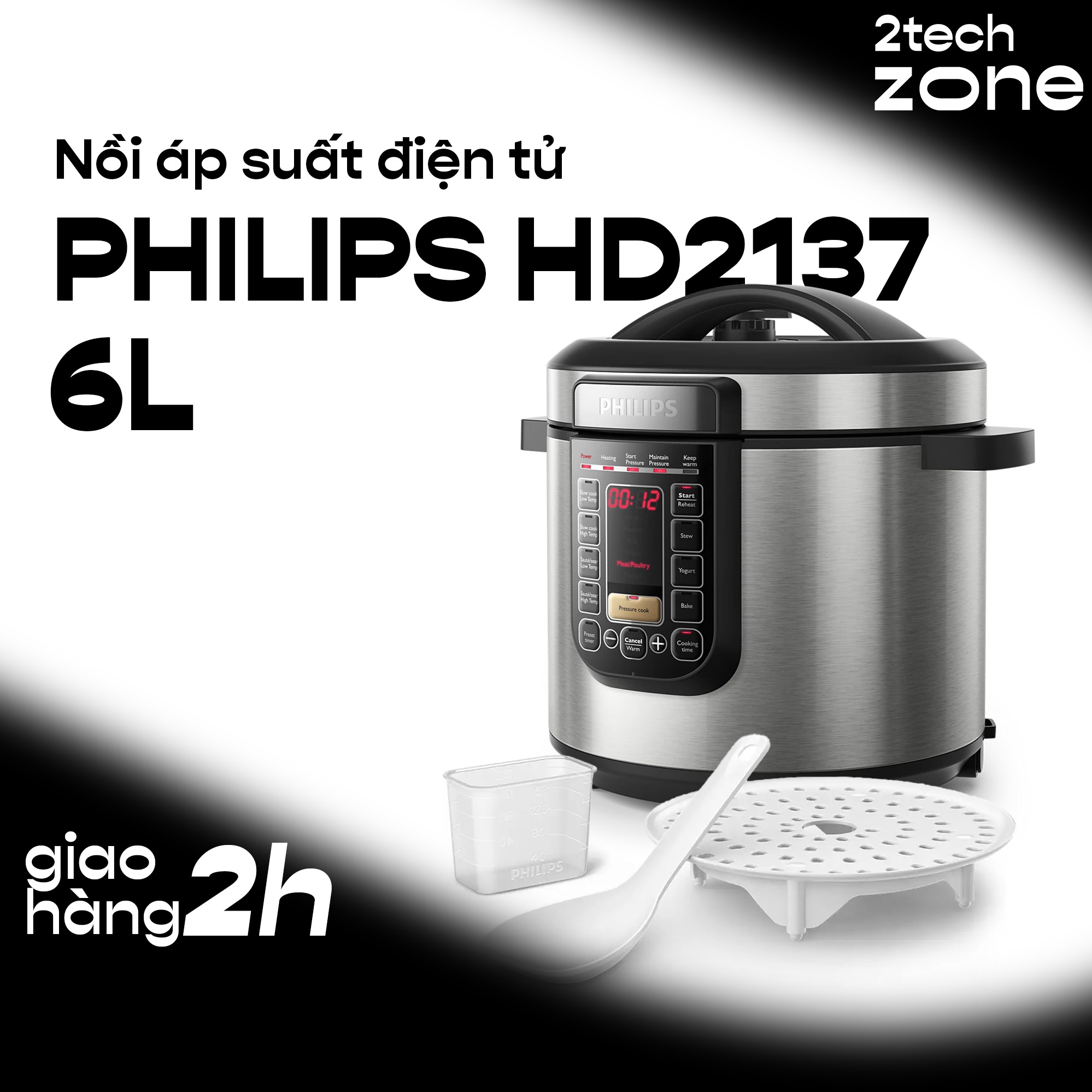 Nồi Áp Suất Nấu Chậm Điện Tử Philips HD2137/65 - Lòng nồi chống dính siêu bền, Nắp trong tháo rời dễ dàng làm sạch