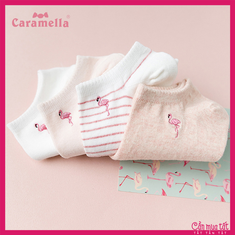 Tất nữ cổ ngắn set 4 đôi kèm hộp, tất caramella nữ mẫu hồng hạc