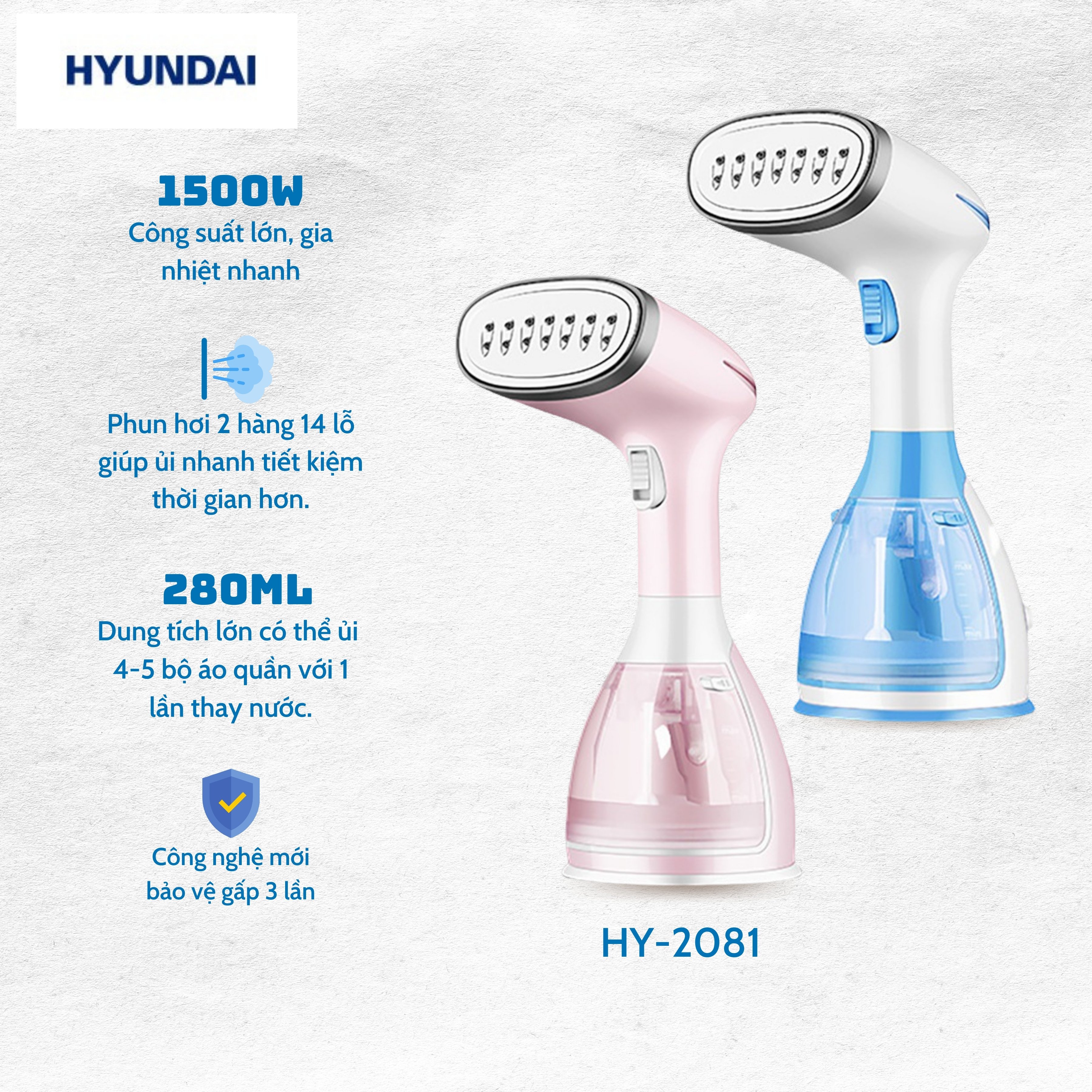 Bàn ủi hơi nước cầm tay HUYNDAI HY-2081 công suất 1500W, bàn là hơi nước nhỏ gọn dùng tại nhà và du lịch - Thỏ Hồng Kids