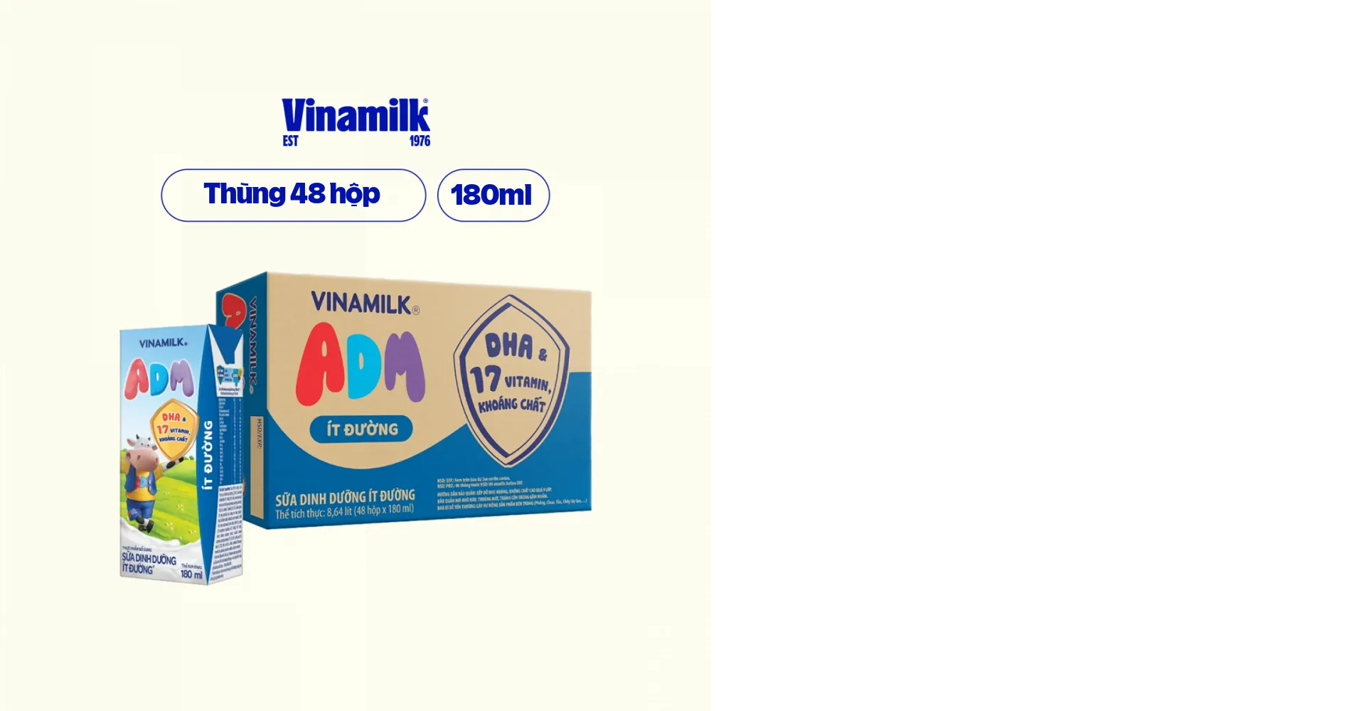 Sữa Dinh Dưỡng Vinamilk ADM Ít Đường - Thùng 48 Hộp 180ml