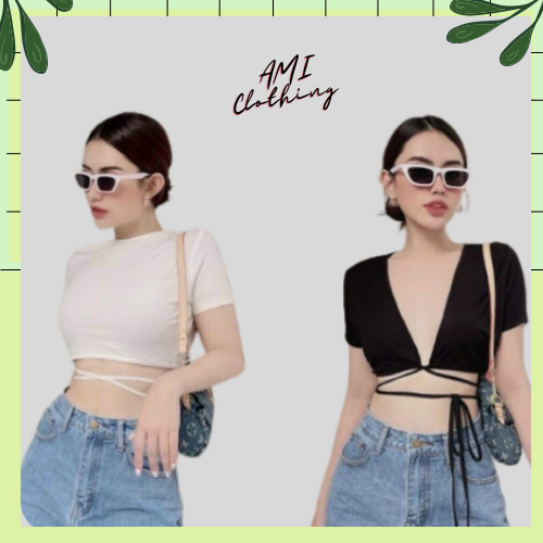 Áo Croptop cổ V kiểu khoét ngực hoặc hở lưng cột dây eo